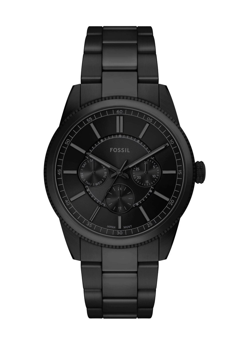 Schwarze analoge Uhr mit einem Armband aus Edelstahl. Verfügt über ein strukturiertes Zifferblatt, Chronographen-Subdials und eine drehbare Lünette mit silbernen Markierungen.