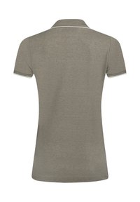 Hellgraues Poloshirt aus strukturiertem Stoff, mit klassischem Kragen, kurzen Ärmeln und kontrastierenden Besätzen an Kragen und Ärmeln.