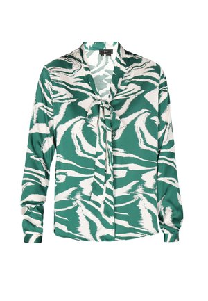 Zeleno-biely vzorovaný blúzku s viazaním na krku, dlhými rukávmi a hladkým, lesklým materiálom s pruhovaným vzorom podobným zebre.