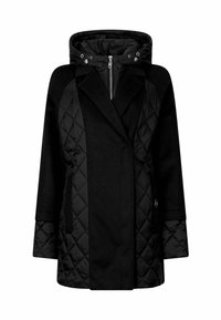 Cappotto imbottito in nero con mescola di lana, chiusura frontale con zip, cappuccio con bottoni a pressione, maniche lunghe e tasche laterali, progettato per il clima freddo.