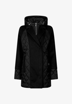 Cappotto imbottito in nero con mescola di lana, chiusura frontale con zip, cappuccio con bottoni a pressione, maniche lunghe e tasche laterali, progettato per il clima freddo.