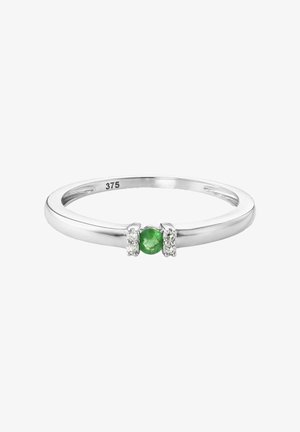 Hõbe sõrmus, mille keskel on roheline kivi, mida ümbritsevad kaks väikest selget kivi, sile bänd poleeritud viimistlusega, märge '375'.