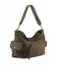 Borsa a spalla in pelle marrone con una finitura testurizzata, scomparti con zip e una tracolla decorata con accenti circolari.