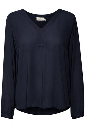 Blusa a maniche lunghe blu navy con scollatura a V, vestibilità rilassata e leggera. Presenta sottili strisce verticali e maniche con polsino.