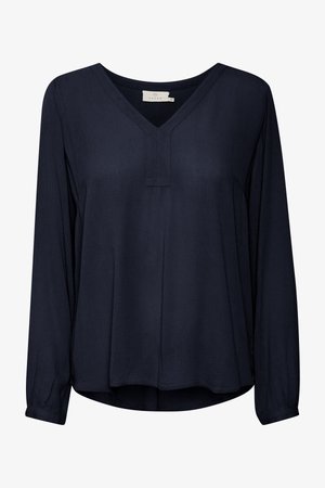 Navy blue long-sleeve blouse with a V-neck, relaxed fit, and lightweight texture. Features subtle vertical stripes and cuffed sleeves.