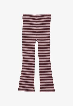 Otroške flare legice z vodoravnimi izmeničnimi svetlo roza in temno rjavimi črtami, narejene iz rebraste tkanine.