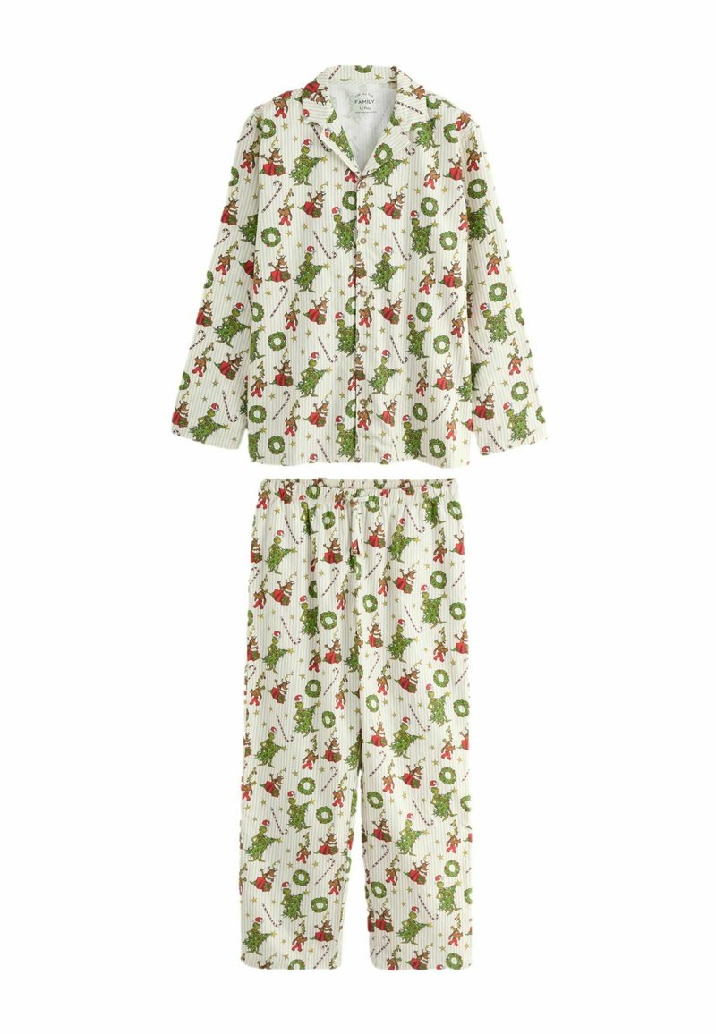 Completo pigiama con motivo, composto da una maglietta a maniche lunghe e pantaloni con cintura elastica. Il materiale è morbido con illustrazioni verdi e rosse su uno sfondo bianco.