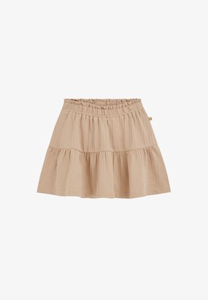 Jupe beige longueur genou avec taille élastique et tissu à volants froncés pour une coupe décontractée et fluide.