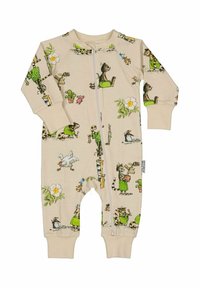 Beige baby overall med dragkedja, prydd med illustrationer av katter, blommor, kaktusar, en höna och en pingvin i olika lekfulla poser.