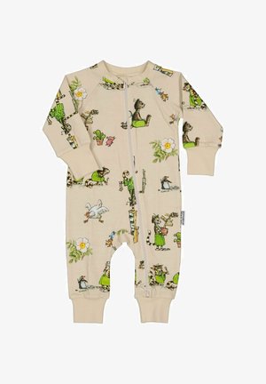 Vauvan beigen värinen romperi vetoketjulla, jossa on kuvia kissoista, kukista, kaktuksista, kanasta ja pingviinistä erilaisissa leikkisissä asennoissa.