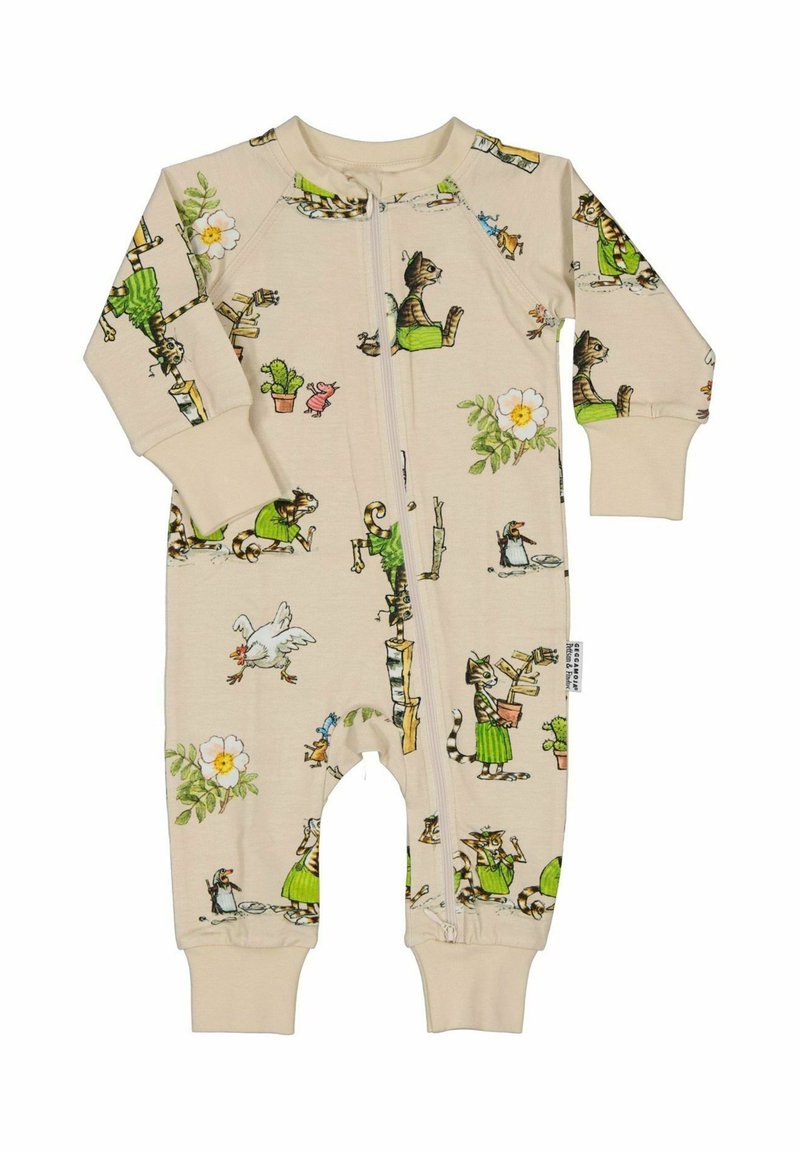Beige baby overall med dragkedja, prydd med illustrationer av katter, blommor, kaktusar, en höna och en pingvin i olika lekfulla poser.