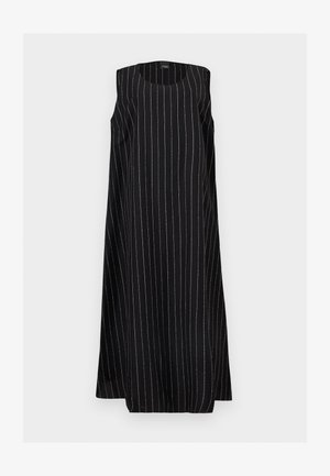 Μαύρο αμάνικο φόρεμα με λεπτές λευκές κάθετες ρίγες, στρογγυλή λαιμόκοψη και χαλαρή σιλουέτα Α γραμμής.