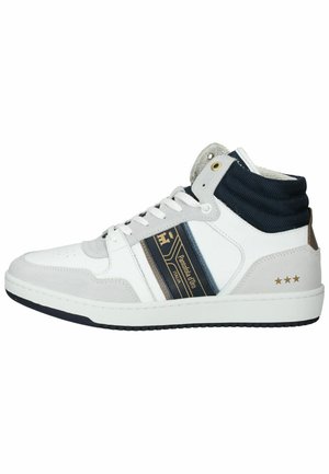 Weiße hohe Sneaker mit grauen Akzenten, einem marineblauen Stoffkragen, goldenen Streifen und Logo-Details. Verfügt über eine durchbrochene Zehenpartie und eine strukturierte Sohle.
