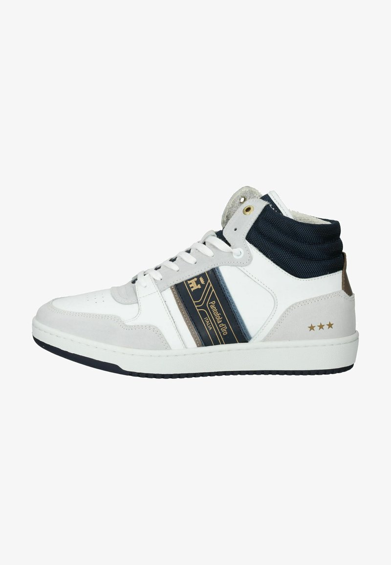 Bílé vysoké tenisky s šedými akcenty, námořnickým látkovým límcem, zlatými pruhy a detaily loga. Obsahuje perforovanou špičku a texturovanou podrážku.