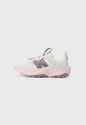 White and light purple athletic shoes with mesh upper, angular rubber sole, minimalist design, and textured accents on the toe and heel.