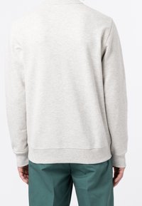 Sudadera gris claro con cuello redondo, puños y dobladillo acanalados. Textura suave, diseño sencillo y sin patrones o adornos visibles.