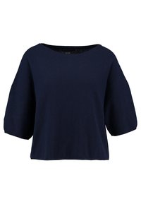 Mörkblåstickad tröja med bred båthals, korta ärmar och en avslappnad passform. Texturerat tyg med ett ribbat mönster genom hela plagget.