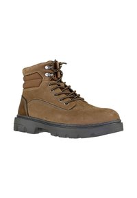 Stivale alla caviglia in pelle e suede marrone con collare imbottito, design con lacci, occhielli metallici e suola in gomma grigia texturizzata.