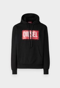 Black hoodie with a front kangaroo pocket, featuring a large red and white "DIESEL" logo in a rectangular design. Soft fabric with ribbed cuffs.