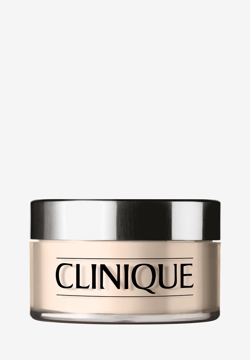 Clinique-Creme-Glas mit klarem Boden und silbernem Metalldeckel. Auf der Vorderseite ist ein schwarzer Logo-Text auf einem hellbeigen Hintergrund zu sehen.