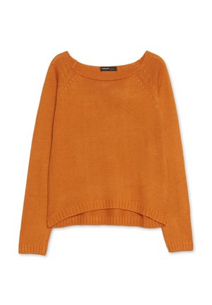 Jersey de punto naranja con un escote amplio y mangas ranglán. Puños y dobladillo acanalados. Textura suave con una silueta cuadrada y una parte trasera ligeramente más larga.