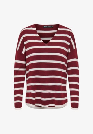 Smeđi i bijeli prugasti majica s dugim rukavima, V-izrezom i spuštenim ramenima. Mekani pleteni materijal s opuštenim krojem i zakrivljenim rubom.