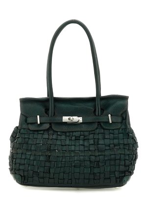 Borsa a tracolla in pelle intrecciata verde scuro con due manici e chiusura a torsione rettangolare in metallo color argento sulla patta frontale.