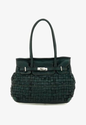 Borsa a tracolla in pelle intrecciata verde scuro con due manici e chiusura a torsione rettangolare in metallo color argento sulla patta frontale.