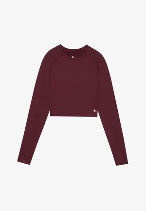 Bordeaux langetermijncrop-top met ronde hals, strakke pasvorm en minimale merkaanroep aan de zoom. Gladde textuur en rekbaar materiaal.