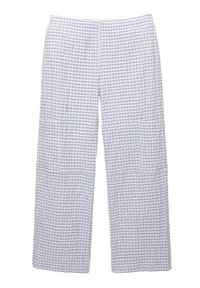 Pantalon large à imprimé vichy bleu et blanc avec une taille élastique et des poches latérales, confectionné dans un tissu léger et tissé.