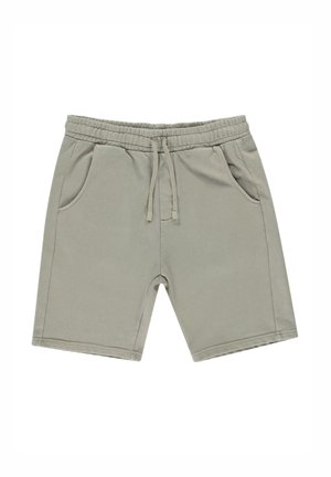 Lichtgrijze katoenen shorts met een elastische tailleband, trekkoord en twee zijzakken. Heeft een ontspannen pasvorm en een knielange ontwerp.