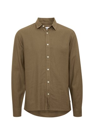 Herre langærmet brun skjorte med knapper, krave, hvide knapper foran og en let buet kant.