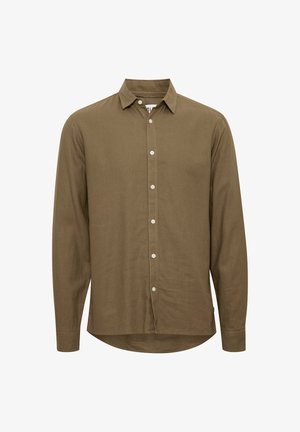 Herre langærmet brun skjorte med knapper, krave, hvide knapper foran og en let buet kant.