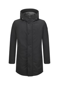 Schwarze wasserfeste Parka mit hohem Kragen, vorderen Knöpfen und Seitentaschen. Glatte Textur und leicht taillierte Silhouette.