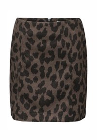 Falda con estampado de leopardo en marrón y negro, con un diseño ajustado, tela texturizada y cierre de cremallera en la parte trasera.