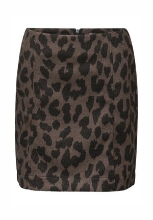 Falda con estampado de leopardo en marrón y negro, con un diseño ajustado, tela texturizada y cierre de cremallera en la parte trasera.