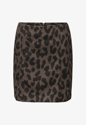 Gonna leopardata in marrone e nero, con design aderente, tessuto strutturato e chiusura con cerniera posteriore.