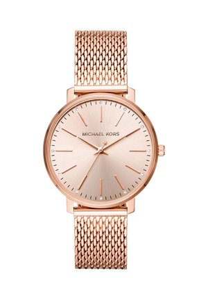 Montre-bracelet Michael Kors en or rose avec bracelet en maille, cadran minimaliste avec des aiguilles fines et des accents en cristal aux positions des heures.