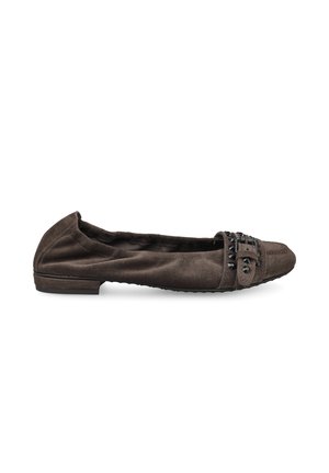 Dark brown suede flat shoe with elasticized sides and decorative buckle strap with black beads on the front.