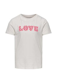 T-shirt en coton blanc avec le mot "LOVE" en lettres roses en gras et des rayures diagonales. Manches courtes et col rond.