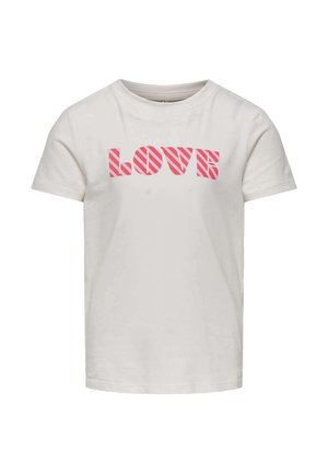 T-shirt en coton blanc avec le mot "LOVE" en lettres roses en gras et des rayures diagonales. Manches courtes et col rond.