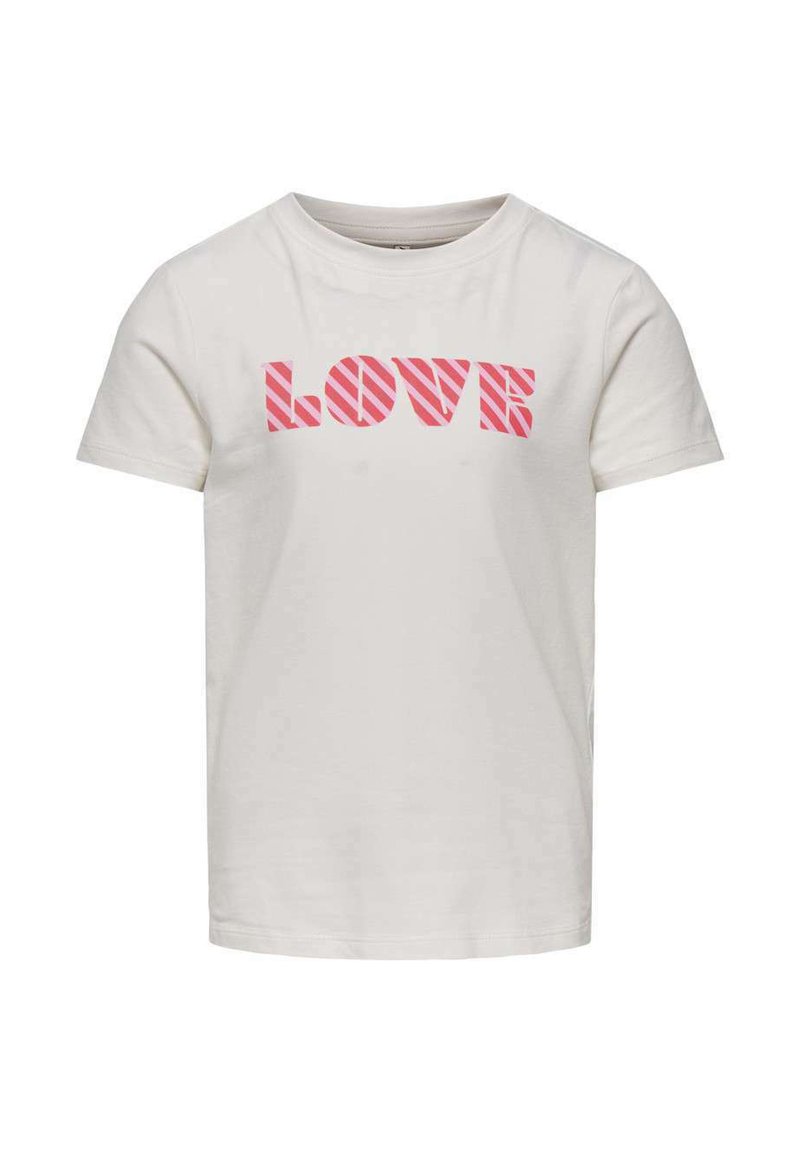 T-shirt en coton blanc avec le mot "LOVE" en lettres roses en gras et des rayures diagonales. Manches courtes et col rond.
