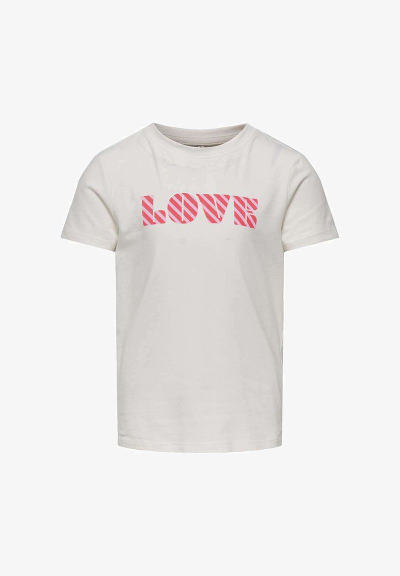 T-shirt en coton blanc avec le mot "LOVE" en lettres roses en gras et des rayures diagonales. Manches courtes et col rond.
