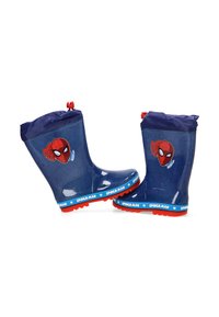 Botas de lluvia de goma azul con gráficos de Spider-Man, un patrón texturizado y una suela exterior roja. Cuenta con un puño azul y una correa con la marca y estrellas.