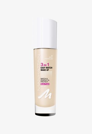 Manhattan 3 in 1 Easy Match Make Up in Soft Porcelain; beige liquid foundation in a cylindrical glass bottle with a white cap, SPF 20.