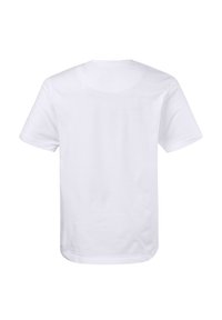 Hvid bomulds T-shirt, kortærmet, rund halsudskæring, afslappet pasform, glat tekstur, enkel bagside uden mønstre eller accenter.