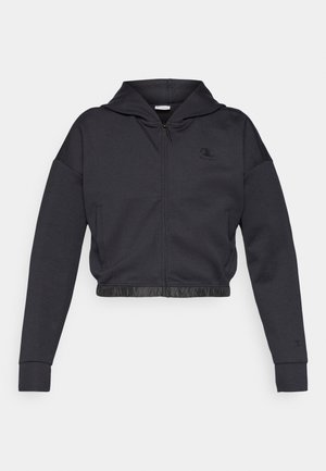 Krátka mikina na zips v tmavosivej bavlnenej zmesi s hladkým povrchom. Má kapucňu, elastický lem a malé logo na hrudi.