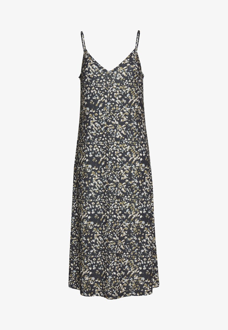 Robe d'été florale avec des bretelles spaghetti, présentant un fond sombre et un mélange de motifs blancs et vert olive, fabriquée en tissu léger.