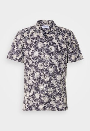 Short-sleeve shirt in navy with a white floral pattern, featuring a relaxed collar and button closure. Made from lightweight fabric.