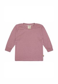 Gestreepte blouse met lange mouwen in een zachte, gestructureerde stof, met dunne witte en bordeauxrode strepen, een ronde halslijn en een label detail aan de zijkant.